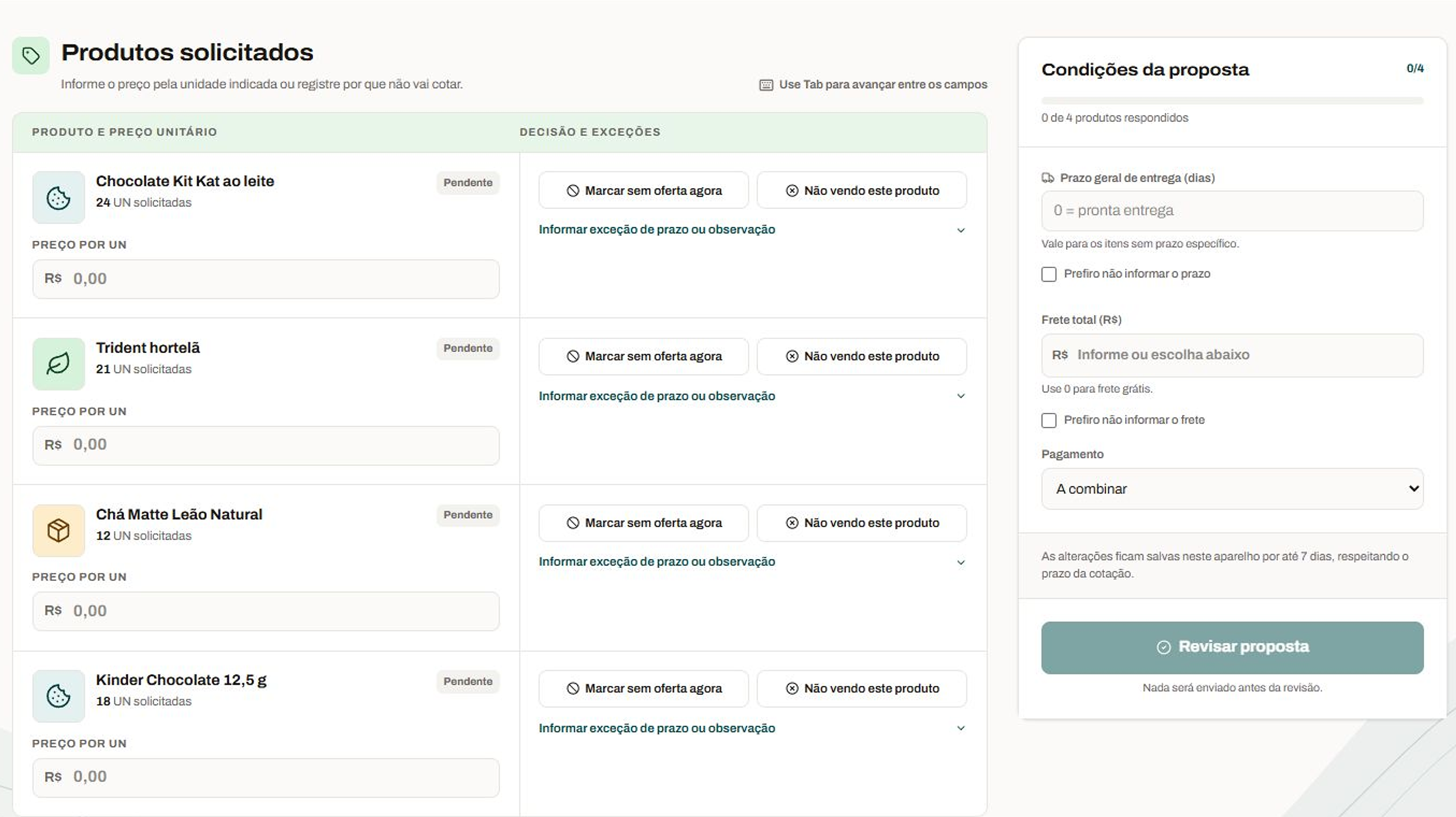 Magic link de cotação em que o fornecedor informa preços, frete e prazo